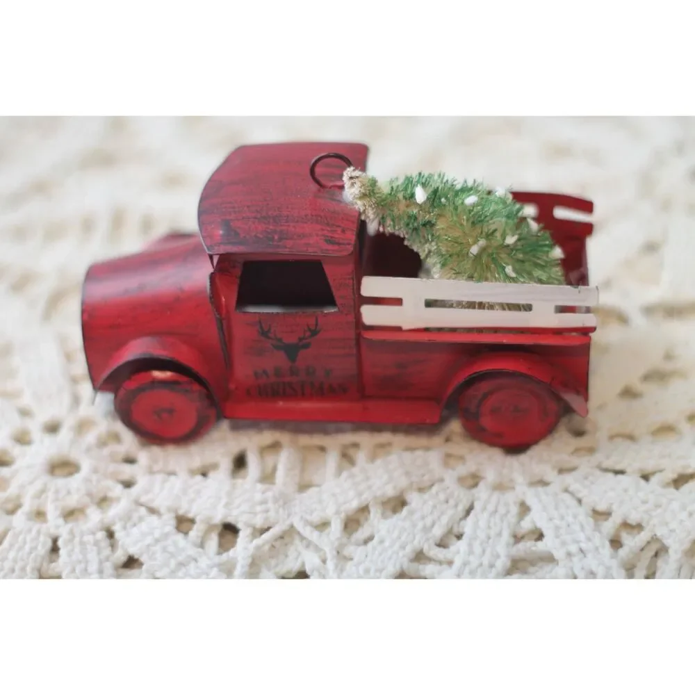 farmhouse style Christmas ornament with vintage style red pickup truck and tree